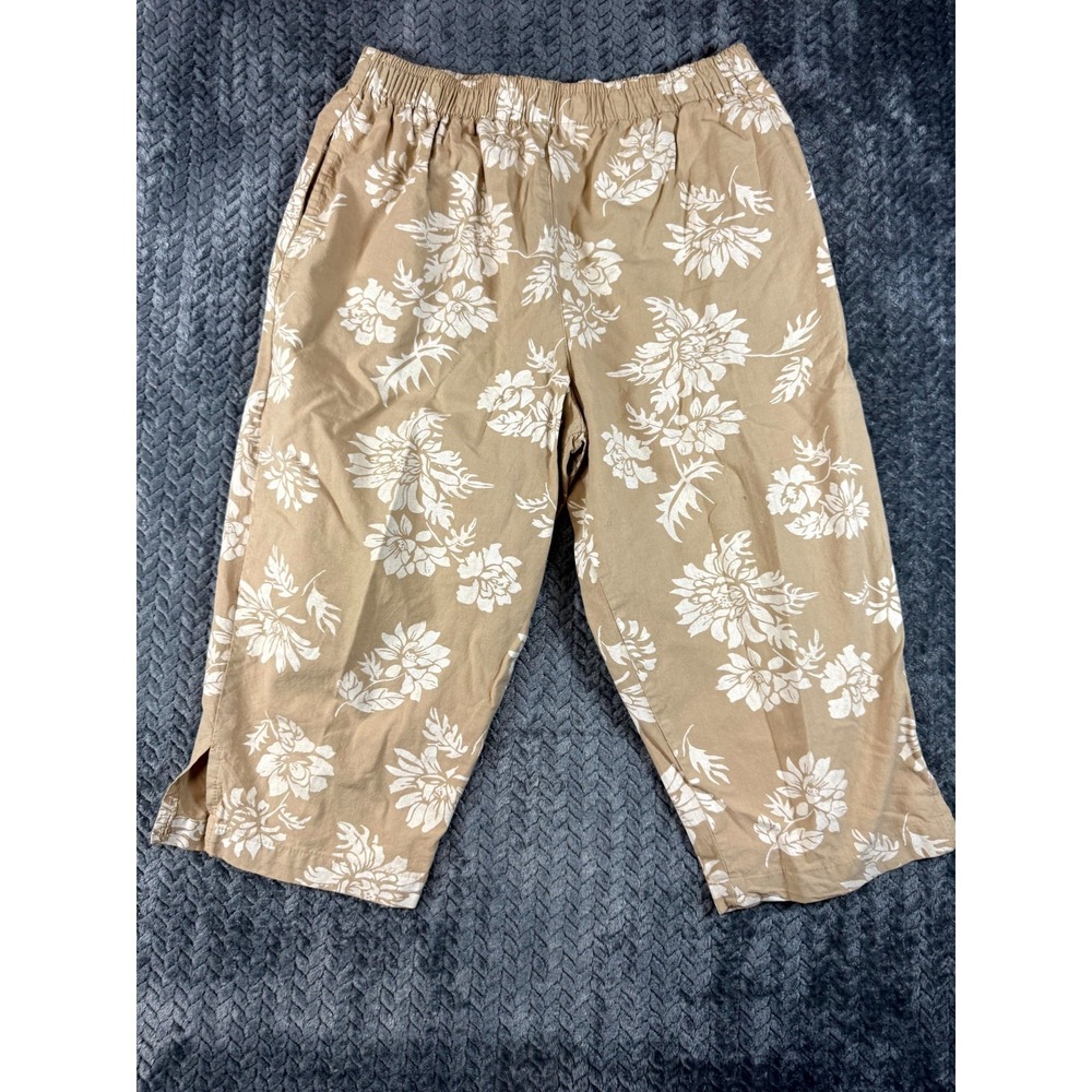 Salem Straits Capri Pants Womens L Beige Floral Cotton Elastic Waist High Rise